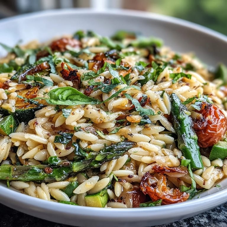 Colorful Spring Orzo Primavera showcasing fresh vegetables, basil, and parmesan in a light pasta dish.  