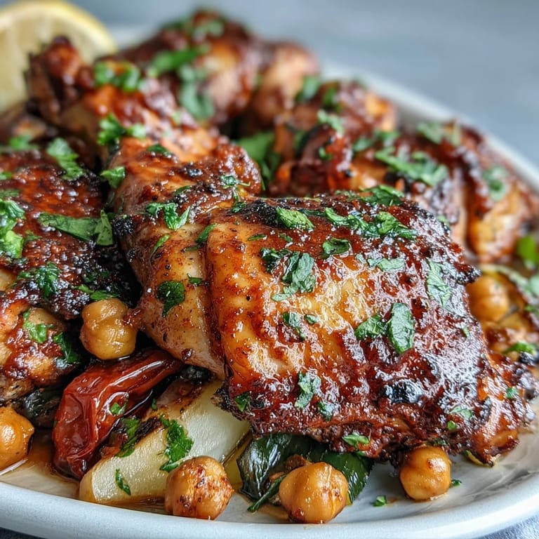 Vibrant harissa-marinated chicken thighs and chickpeas roasted with peppers and zucchini, served with fresh herbs and lemon wedges.  