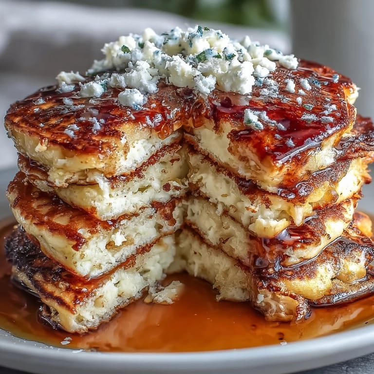 Golden pancakes with creamy ricotta and zesty lemon, served warm with a drizzle of maple syrup for a luxurious breakfast.