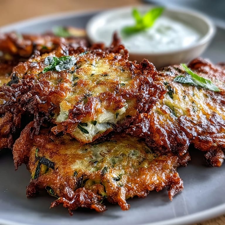 Golden brown zucchini pancakes loaded with creamy feta, paired with a tangy mint yogurt sauce for a Mediterranean appetizer.  
