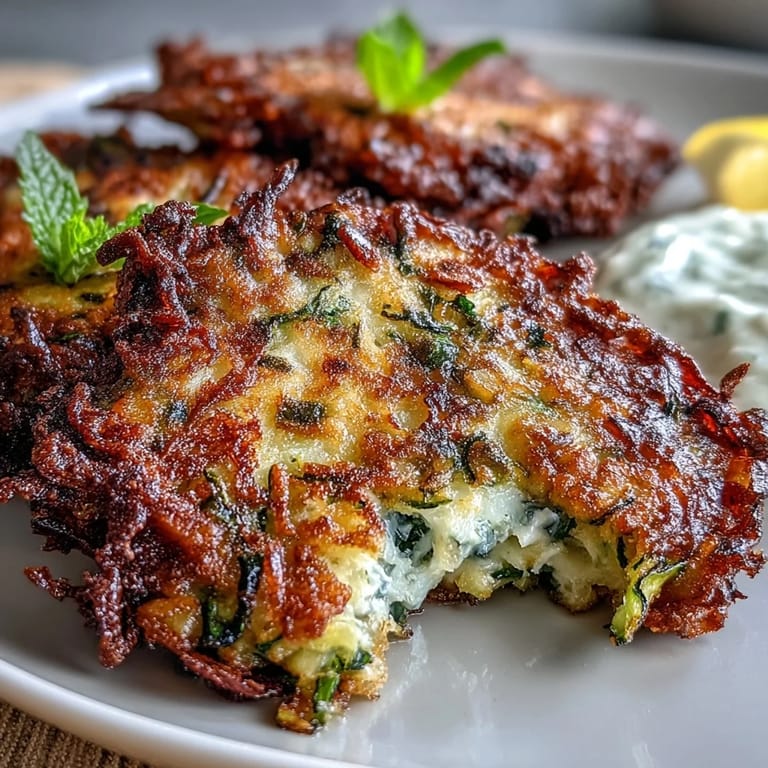 Light and savory zucchini fritters with feta, complemented by a refreshing mint yogurt dip—perfect for a vegetarian snack or light meal.