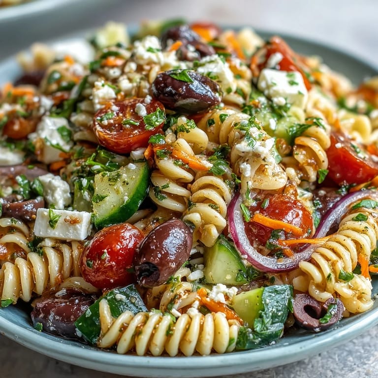 A beautifully arranged Memorial Day Pasta Salad, featuring fresh vegetables and a tangy dressing.