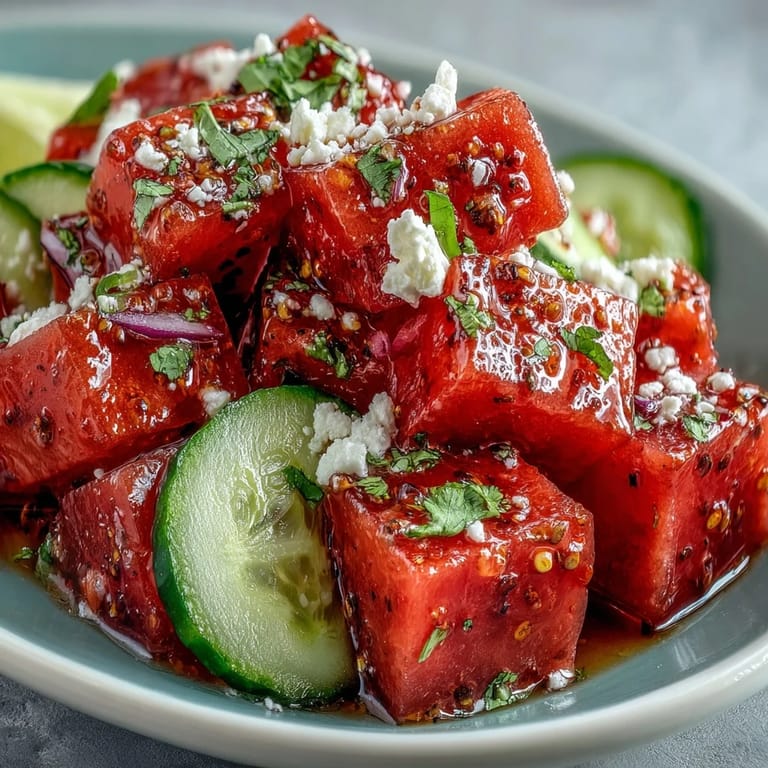 Crisp, refreshing Tajin lime watermelon salad perfect for a hot summer day.