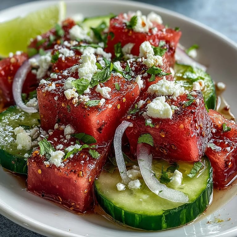 Sweet and tangy watermelon cucumber salad lightly seasoned with Tajin and lime.