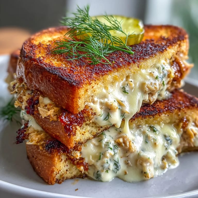 Classic Tuna Melt with creamy tuna salad, gooey cheddar cheese, and crunchy pickles grilled to crispy perfection.