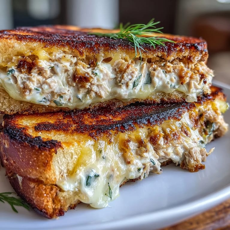Hearty Tuna Melt sandwich featuring flaky tuna, melted Swiss cheese, and buttery grilled bread for ultimate comfort food.