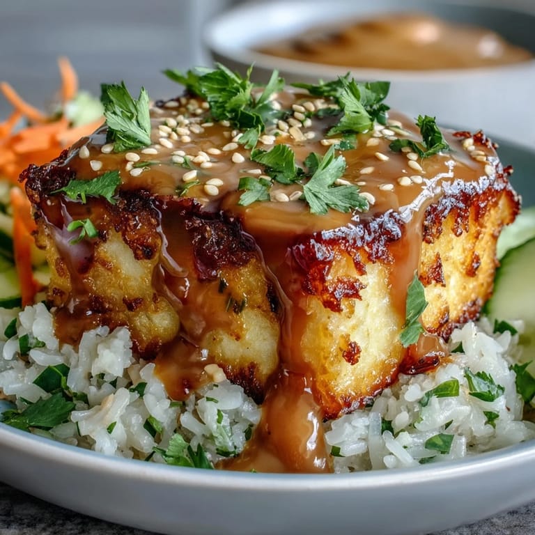 Juicy baked tofu atop fluffy brown rice, ready for a delicious meal.