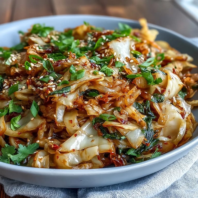 Easy Spicy Cabbage Stir Fry with soy sauce and sesame oil, a fast vegan dish with crisp cabbage and fresh aromatics.