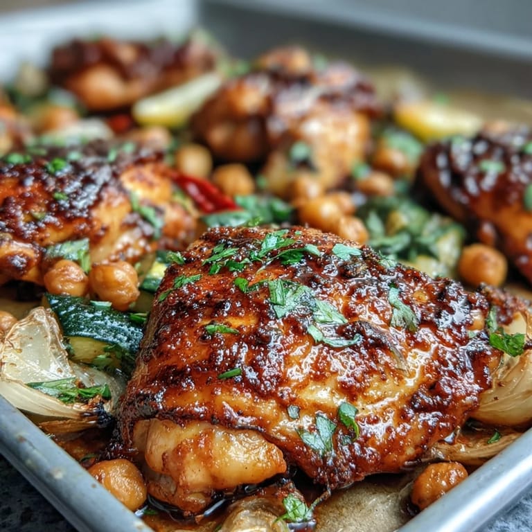 Spicy harissa chicken traybake featuring golden-brown chicken, tender chickpeas, and roasted vegetables, garnished with parsley for a flavorful meal.