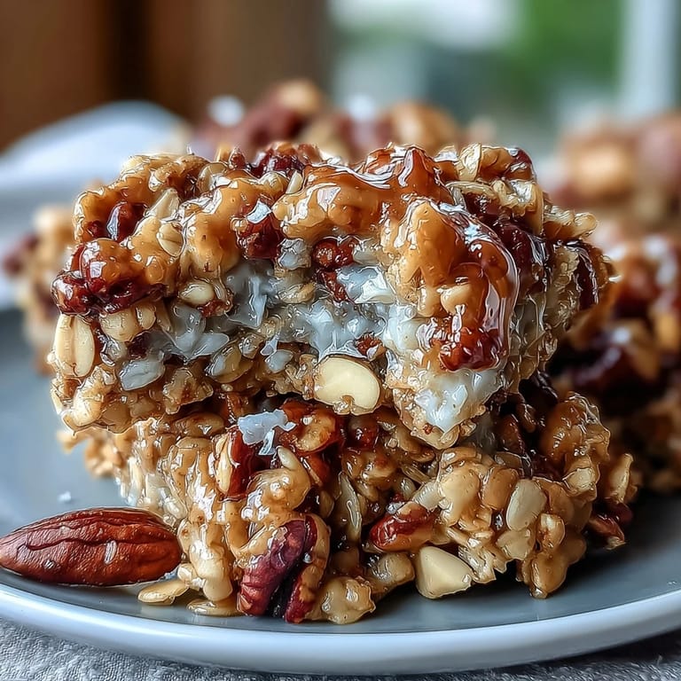 Chunky homemade granola clusters featuring hearty oats, shredded coconut, and sunflower seeds, baked until crisp and golden for a satisfying crunch.