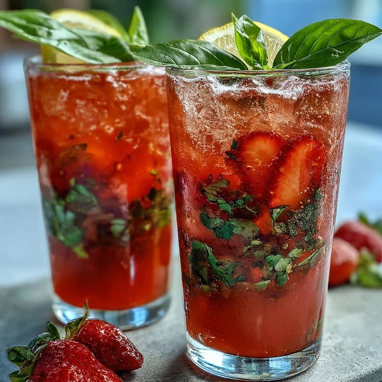 Two refreshing strawberry basil mocktails served over ice with lemon wedges and extra basil garnish, perfect for a summer party.