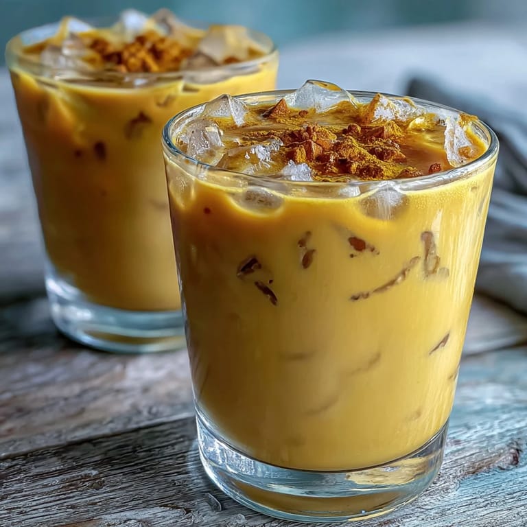 Enjoy this vibrant Turmeric Golden Milk Iced Latte, creamy and refreshing on ice.