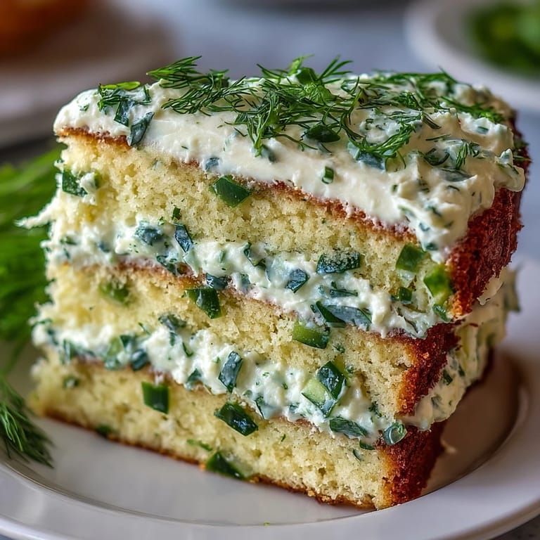 Savory Pickle Cake with dill frosting, a unique appetizer layered with tang and freshness.