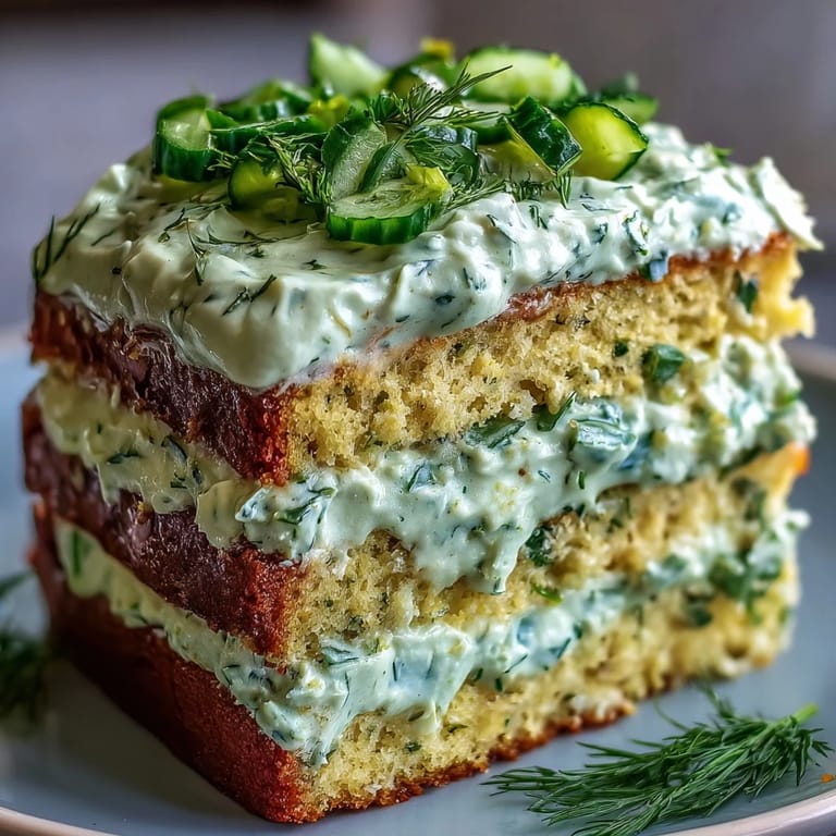 Enjoy this moist Pickle Cake, beautifully frosted with tangy dill cream, perfect for parties.