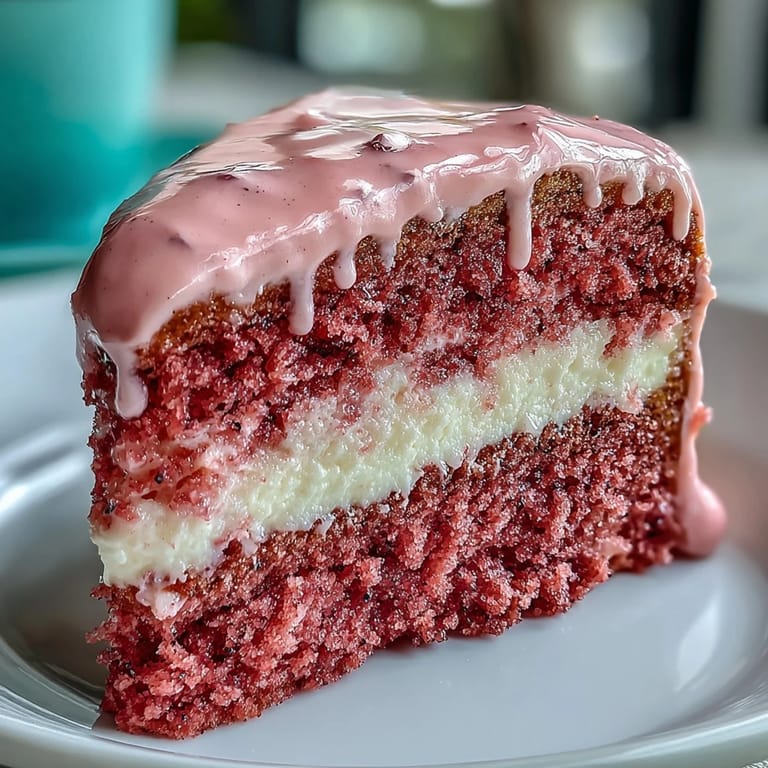 Glistening pink rosé velvet cake adorned with delicate cream cheese frosting and gold accents.