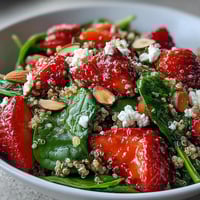 A colorful strawberry spinach quinoa salad with juicy berries, fresh greens, and a tangy balsamic vinaigrette for a light, healthy meal.