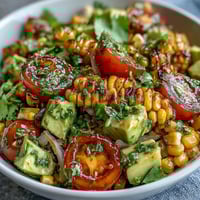 Fresh summer salad with sweet corn, juicy tomatoes, creamy avocado, and zesty lime vinaigrette, perfect for warm days.