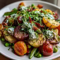 A colorful spring vegetable platter with radishes, peas, and herb dip for fresh entertaining.