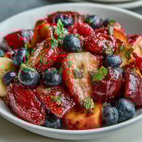 Festive Fourth of July fruit skewers with red strawberries, white bananas, and blueberries in patriotic pattern.