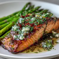 Garlic Butter Salmon with Asparagus: golden pan-seared fillets in a fragrant garlic butter sauce, served alongside crisp asparagus spears.