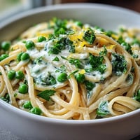 A creamy bowl of Spring Pasta: Ricotta and Lemon Linguine with Peas, bright with lemon zest and fresh herbs.