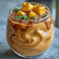 A vibrant, tropical mango coconut chia smoothie in a tall glass, garnished with fresh mango slices and coconut flakes.