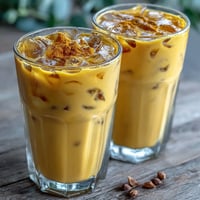 Turmeric Golden Milk Iced Latte is perfectly chilled with a sprinkle of cinnamon garnish.