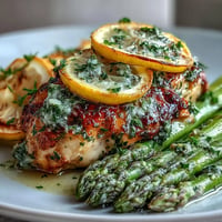 One-pan lemon herb chicken and asparagus, brightly roasted and savory on a baking sheet.